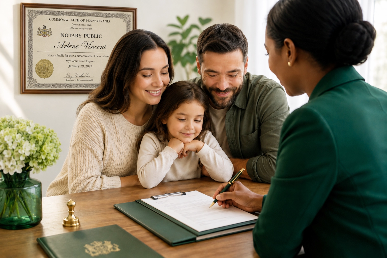 Adoptive family reviewing adoption documents with a Pennsylvania notary public during a professional signing appointment