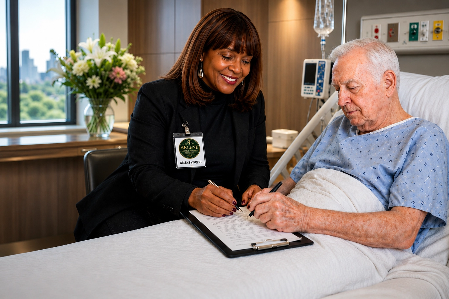 Hospital Notary Philadelphia helping a patient complete bedside notarization for important medical and estate documents