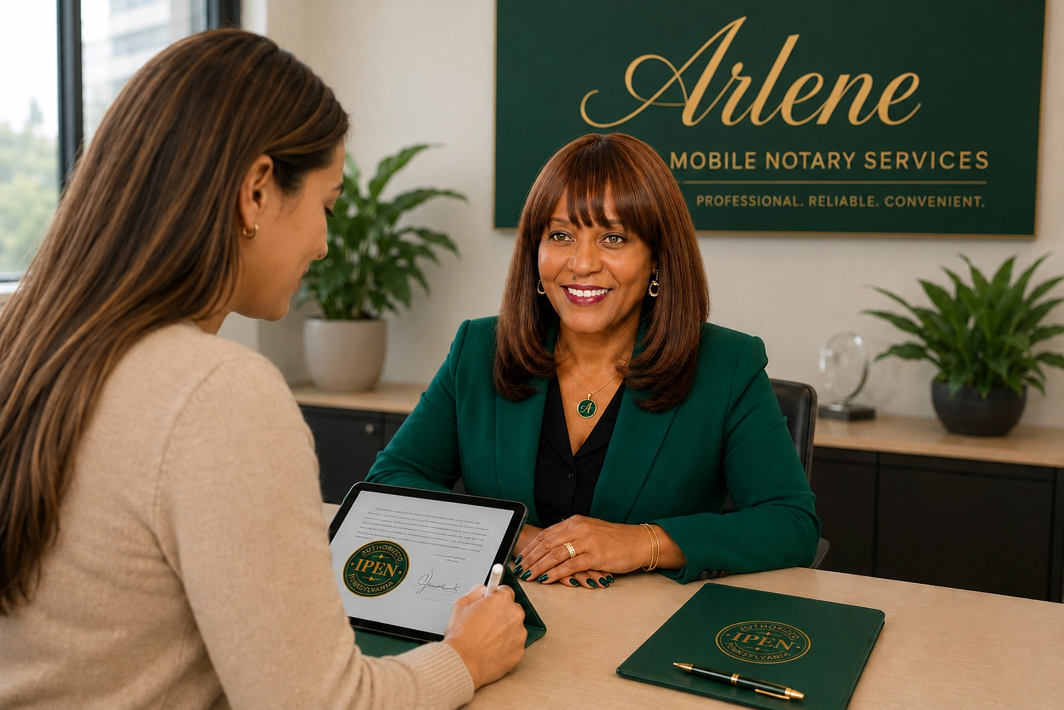 Pennsylvania In Person Electronic Notary IPEN signing appointment with client signing on electronic tablet while meeting face-to-face with Arlene Mobile Notary Services