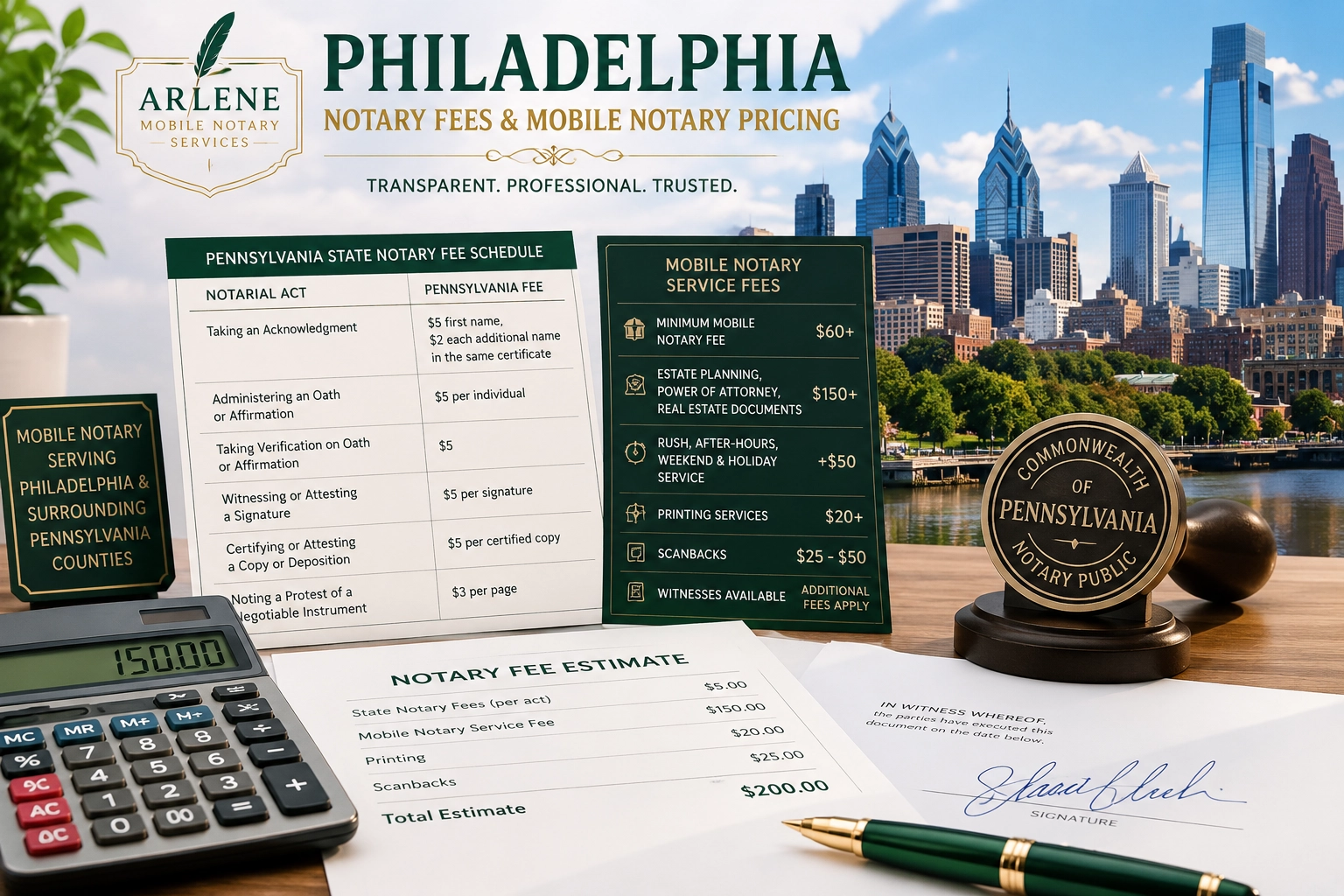 Philadelphia notary fees, mobile notary pricing, Pennsylvania notary fee schedule, Power of Attorney notarization, estate planning documents, and traveling notary services by Arlene Mobile Notary Services