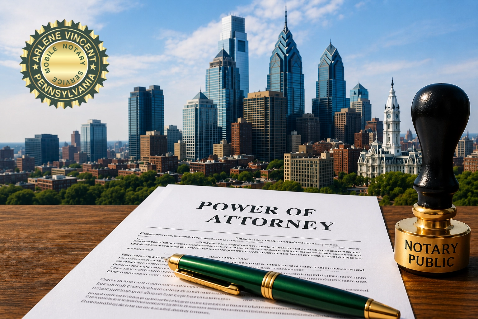 Power of Attorney document with a Pennsylvania notary stamp and emerald green signing pen with blue ink representing mobile notary services for Power of Attorney notarizations in Philadelphia Pennsylvania