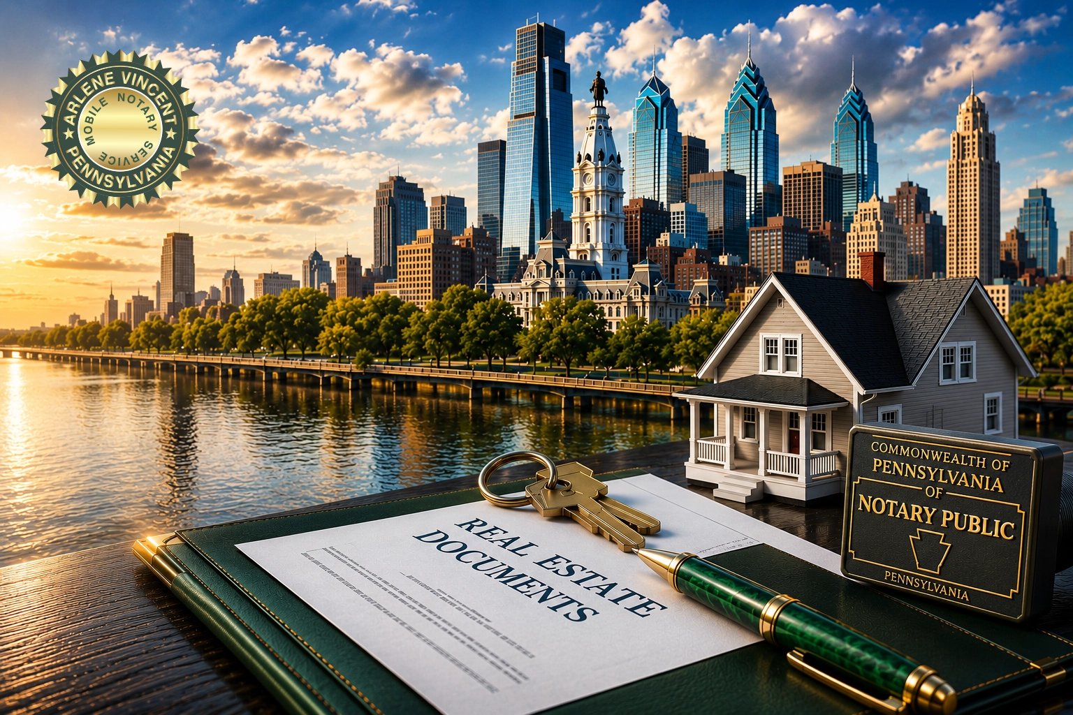 Real estate property notary services in Philadelphia Pennsylvania with documents, keys, and Pennsylvania notary stamp